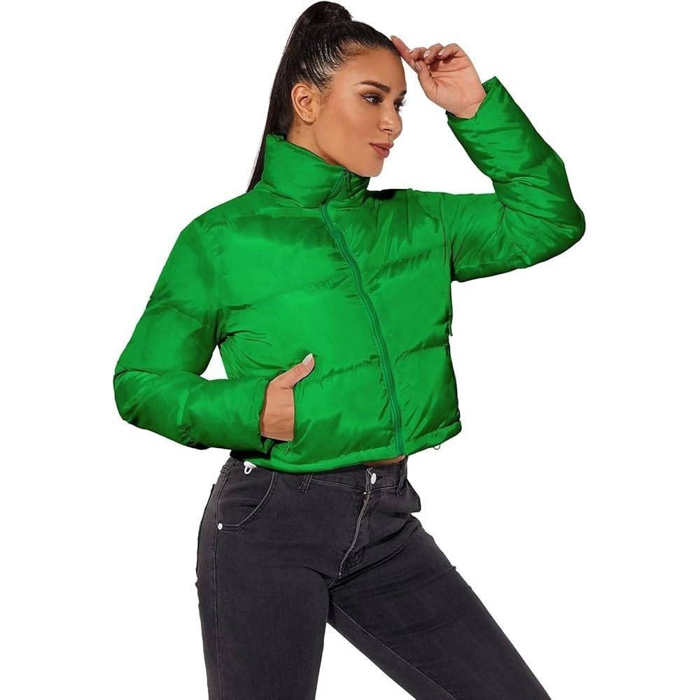 Hujoin Green Puffer Jacket Womens 5XL Cropped Quilted Coat Full Zip